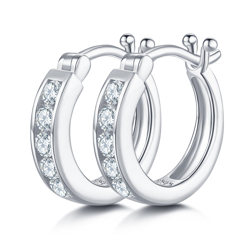 18kt Sterling Silver Half Pave Single-Row Moissanite Hoop Earrings