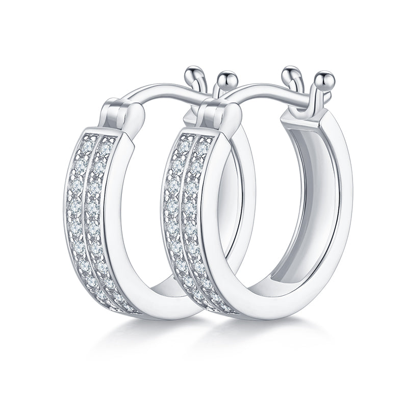 18kt Sterling Silver Half Pave Double-Row Moissanite Hoop Earrings