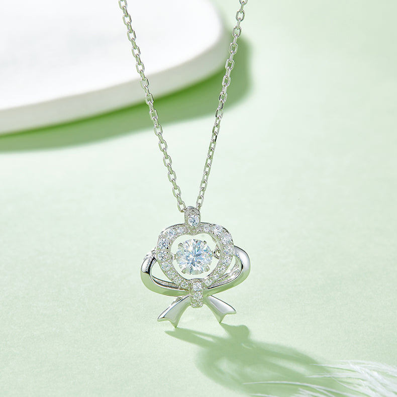 Bow and Heart Necklace with Moissanite in 925 Sterling Silver
