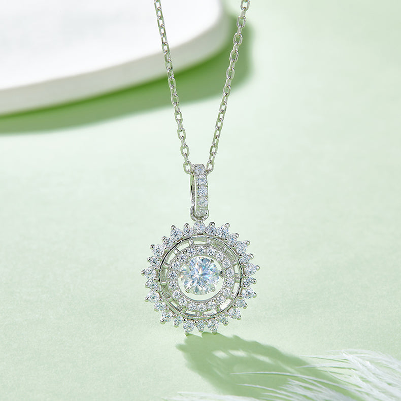 Round Moissanite Necklace for Women in 925 Sterling Silver with Diamond Surround