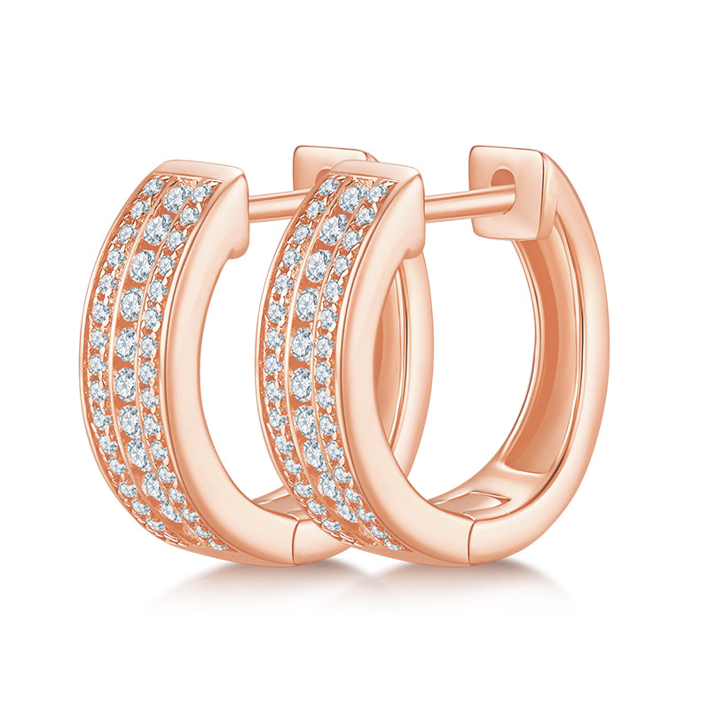 18kt Sterling Silver Half Pave Three-Row Moissanite Hoop Earrings