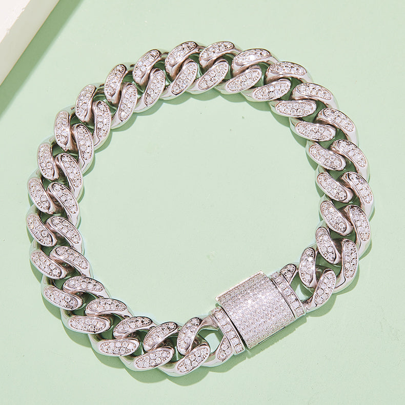 12mm Moissanite Cuban Link Chain – Full Round VVS Moissanite, 925 Sterling Silver