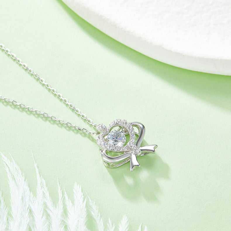 Bow and Heart Necklace with Moissanite in 925 Sterling Silver