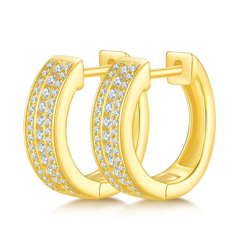 18kt Sterling Silver Half Pave Three-Row Moissanite Hoop Earrings