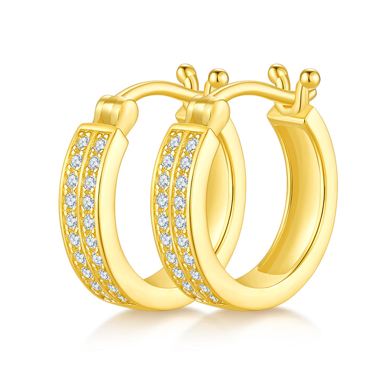 18kt Sterling Silver Half Pave Double-Row Moissanite Hoop Earrings