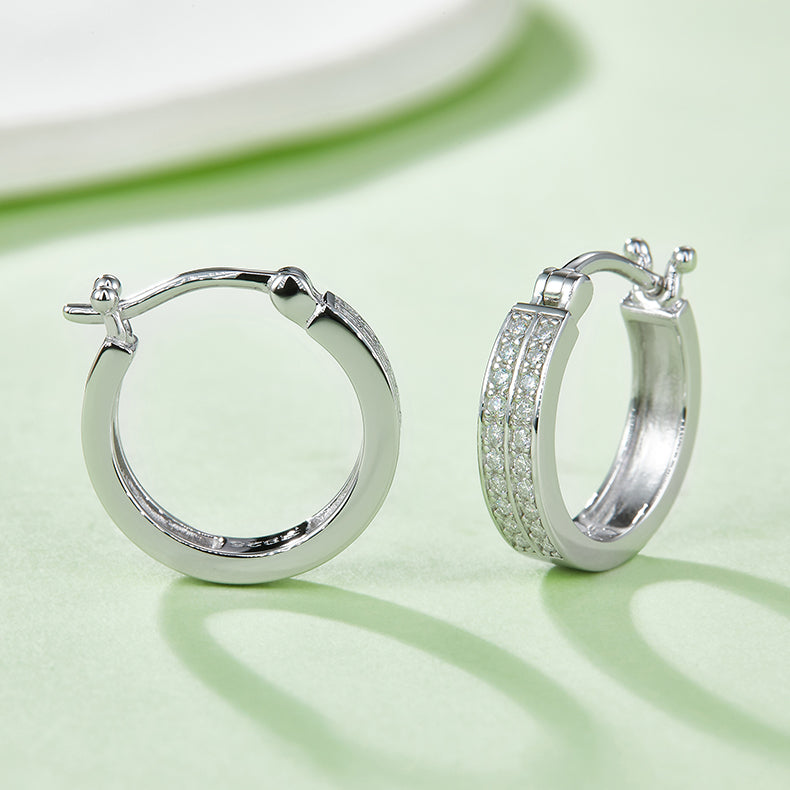 18kt Sterling Silver Half Pave Double-Row Moissanite Hoop Earrings