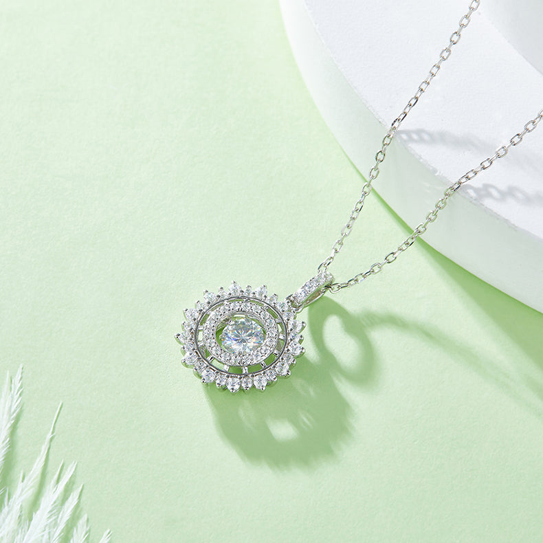 Round Moissanite Necklace for Women in 925 Sterling Silver with Diamond Surround