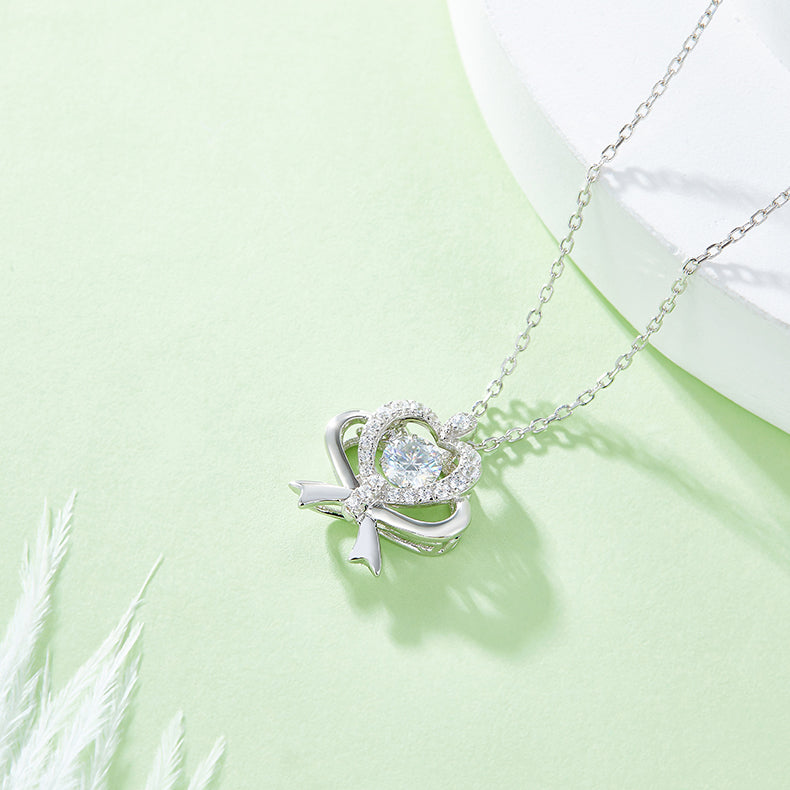 Bow and Heart Necklace with Moissanite in 925 Sterling Silver