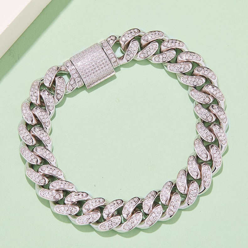 12mm Moissanite Cuban Link Chain – Full Round VVS Moissanite, 925 Sterling Silver