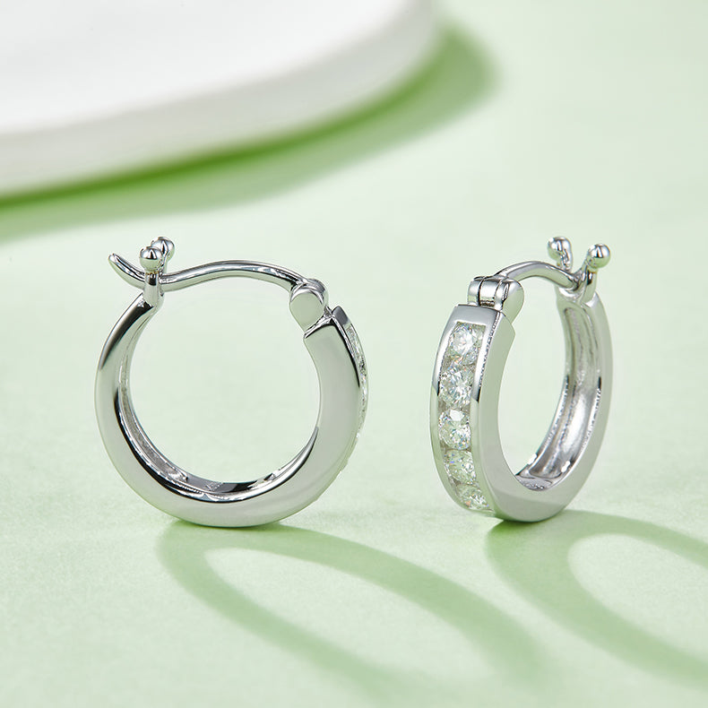 18kt Sterling Silver Half Pave Single-Row Moissanite Hoop Earrings