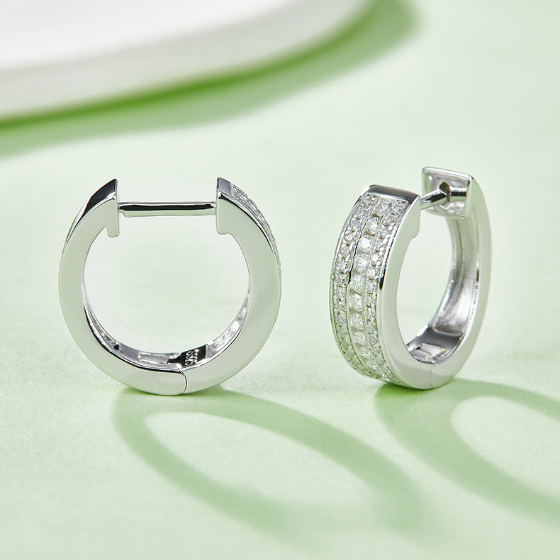 18kt Sterling Silver Half Pave Three-Row Moissanite Hoop Earrings