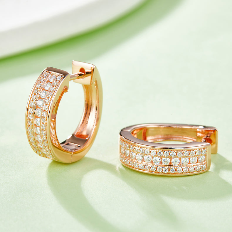 18kt Sterling Silver Half Pave Three-Row Moissanite Hoop Earrings