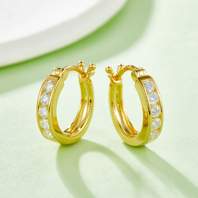 18kt Sterling Silver Half Pave Single-Row Moissanite Hoop Earrings