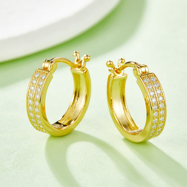 18kt Sterling Silver Half Pave Double-Row Moissanite Hoop Earrings