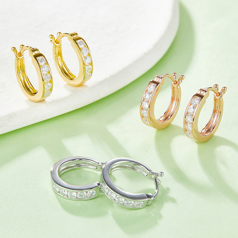 18kt Sterling Silver Half Pave Single-Row Moissanite Hoop Earrings