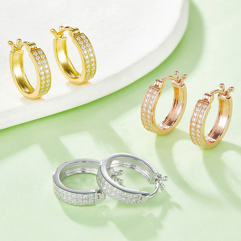 18kt Sterling Silver Half Pave Double-Row Moissanite Hoop Earrings