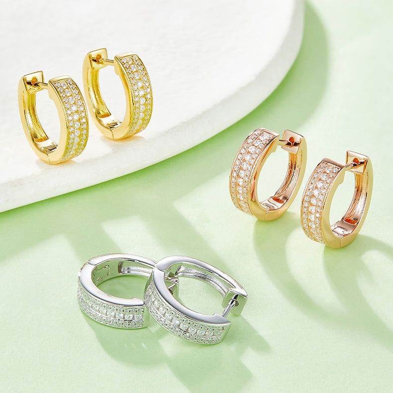 18kt Sterling Silver Half Pave Three-Row Moissanite Hoop Earrings