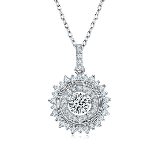 Round Moissanite Necklace for Women in 925 Sterling Silver with Diamond Surround
