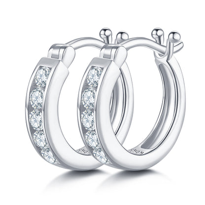 18kt Sterling Silver Half Pave Single-Row Moissanite Hoop Earrings