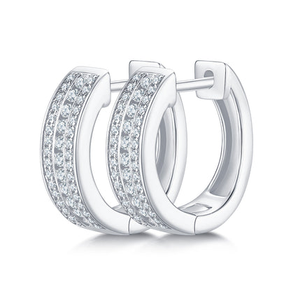 18kt Sterling Silver Half Pave Three-Row Moissanite Hoop Earrings