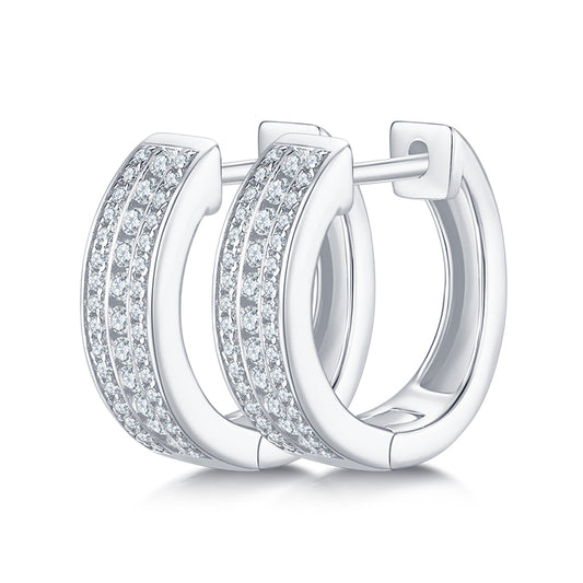 18kt Sterling Silver Half Pave Three-Row Moissanite Hoop Earrings