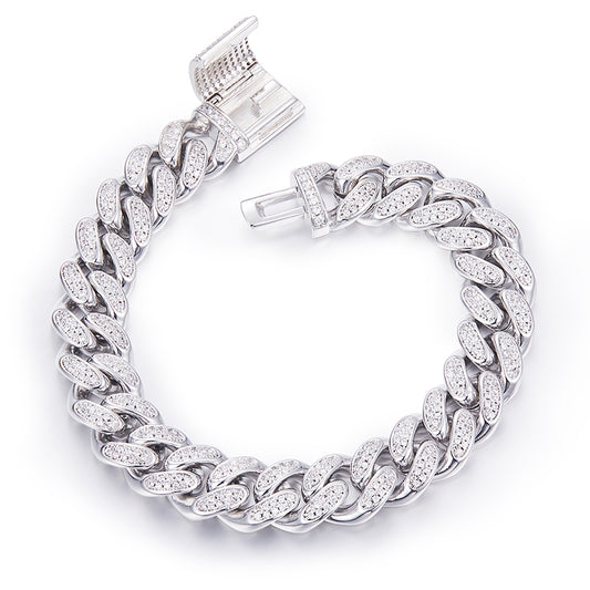 Men's Classic 12mm  7inch Cuban Link Bracelet with Full Round VVS Moissanite – 925 Sterling Silver