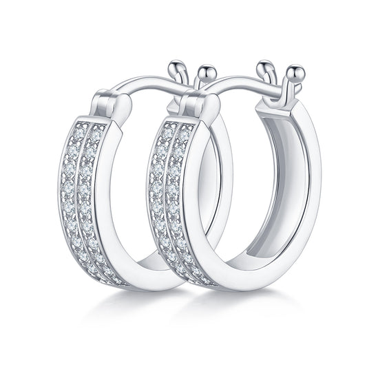 18kt Sterling Silver Half Pave Double-Row Moissanite Hoop Earrings