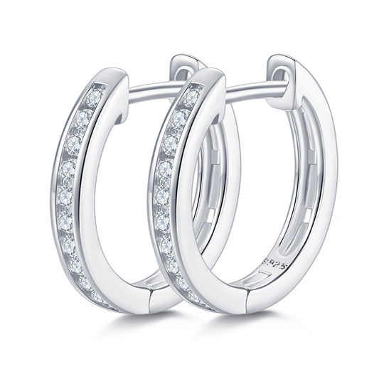 Half Pave Single-Row Moissanite Hoop Earrings in 18kt Sterling Silver