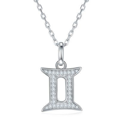 Gemini Zodiac Moissanite Pendant Necklace – 925 Sterling Silver, 18K White Gold Plating