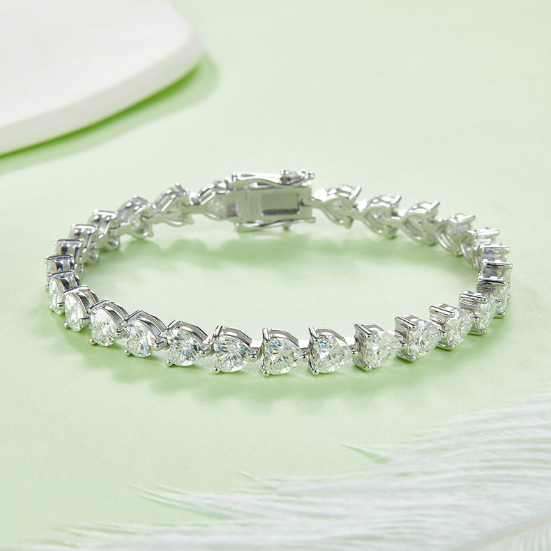Heart-Cut Moissanite Tennis Bracelet in 925 Sterling Silver with 18K White Gold Plating