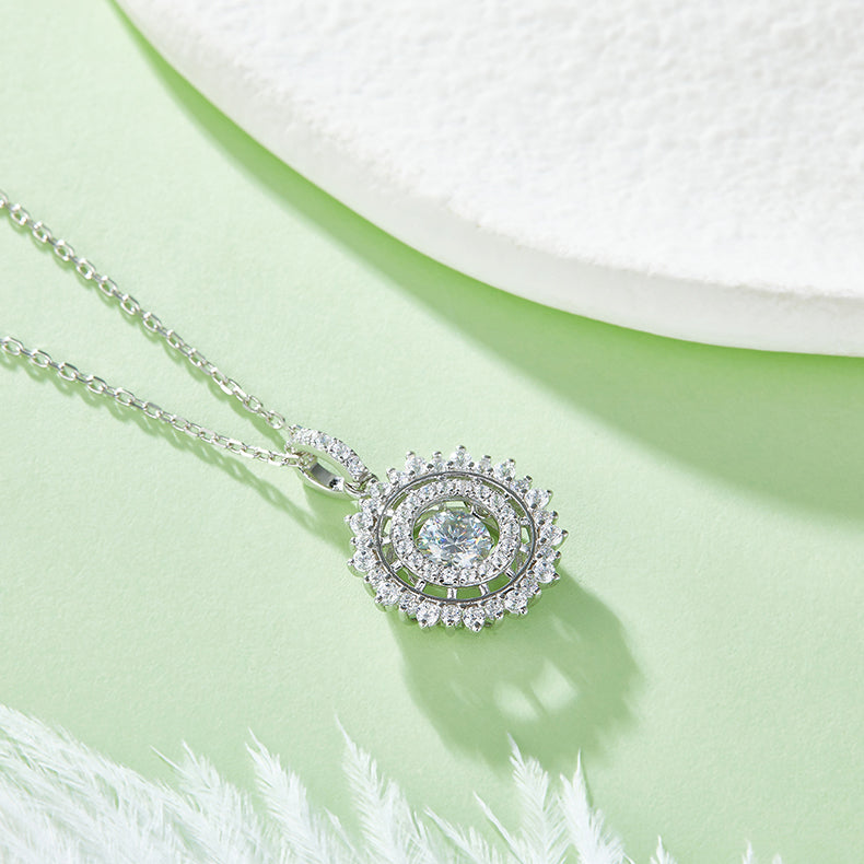 Round Moissanite Necklace for Women in 925 Sterling Silver with Diamond Surround