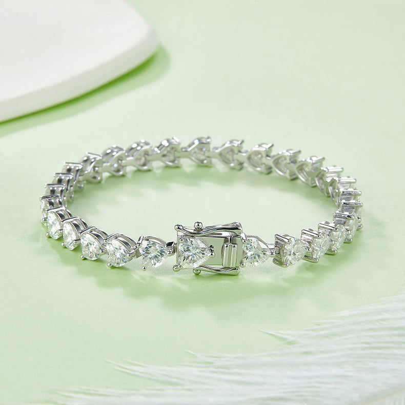 Heart-Cut Moissanite Tennis Bracelet in 925 Sterling Silver with 18K White Gold Plating