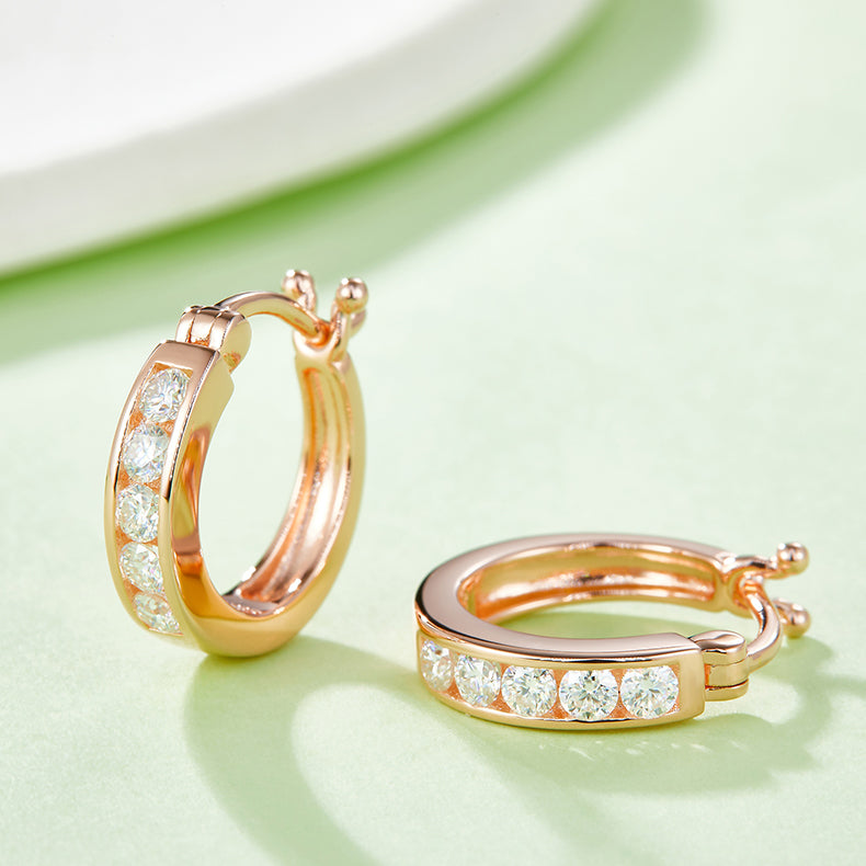 18kt Sterling Silver Half Pave Single-Row Moissanite Hoop Earrings