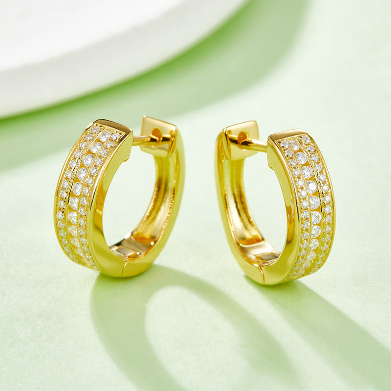 18kt Sterling Silver Half Pave Three-Row Moissanite Hoop Earrings