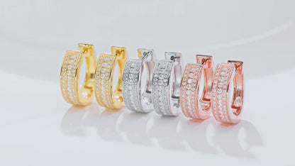 18kt Sterling Silver Half Pave Three-Row Moissanite Hoop Earrings